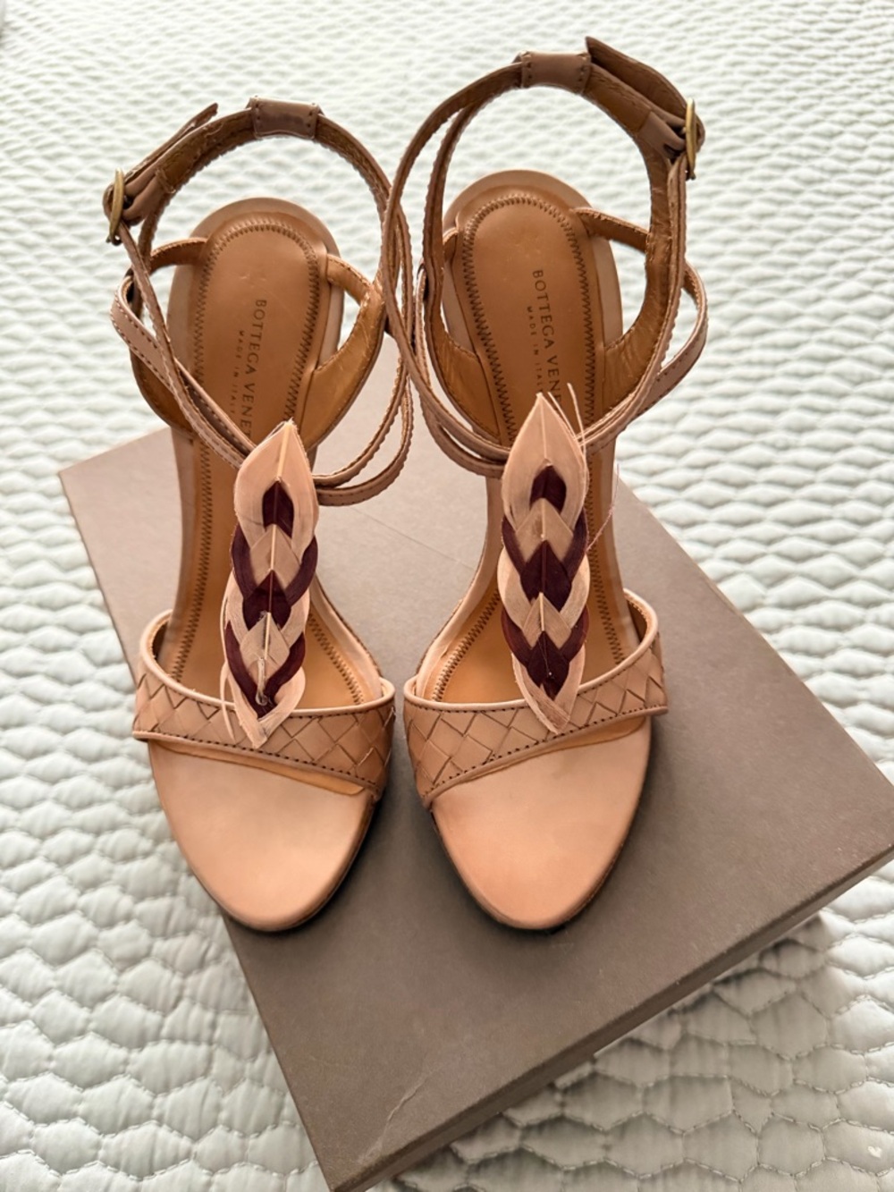 Bottega Veneta Tan and Burgundy Braided T-Strap Heels